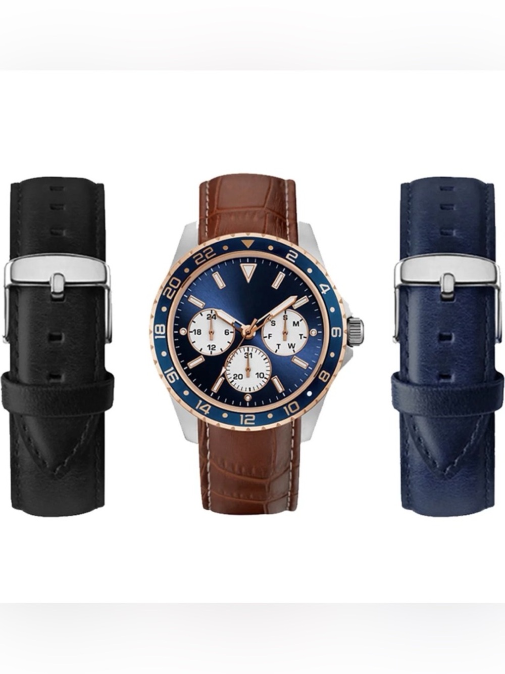American Exchange Brown Leather Strap Watch w Black & Navy Interchangebale Strap